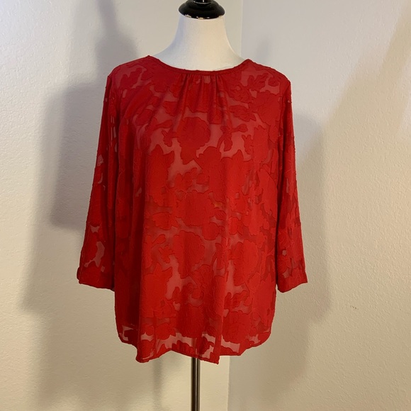 NWOT Van Heusen Red Floral Sheer Burnout 3/4 Sleeve Blouse - Picture 1 of 6